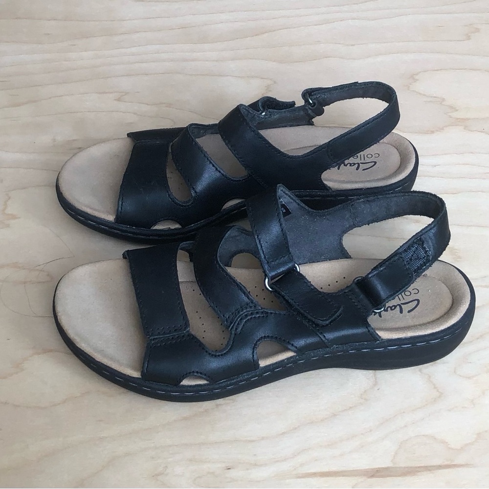 Clarks Comfort Black Sandals Leather Adjustable Straps Womens Sz 6.
